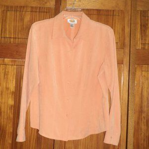 TALBOTS PETITES light orange velour like button front fitted shirt sz L